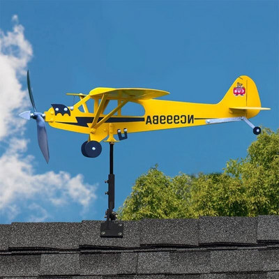 Piper J3 Cub Lėktuvas Vėtrungė lauko sodas Lėktuvas Vėtrungių kištuko dekoras Vėjo suktukai Stogo prijungiamas sodo dekoravimas