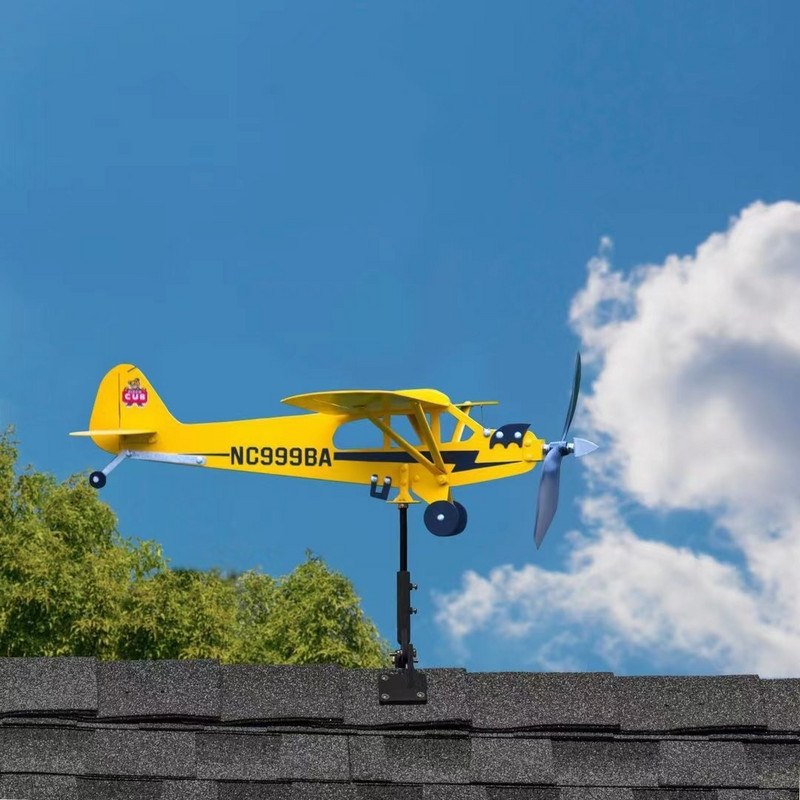 3D Piper J3 Cub Wind Spinner Avion Metal Avion Giruetă în aer liber Acoperiș Indicator de direcție a vântului Weather Vane Decor de grădină
