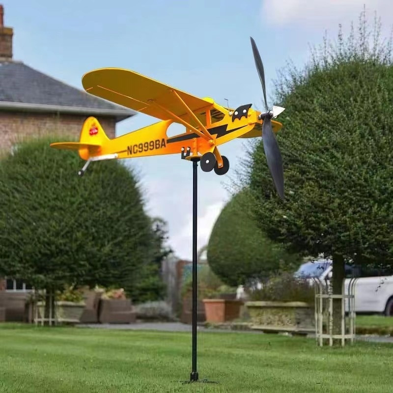 3D Piper J3 Cub Wind Spinner Avion Metal Avion Giruetă în aer liber Acoperiș Indicator de direcție a vântului Weather Vane Decor de grădină
