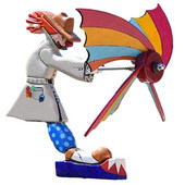 Záhradná dekorácia, kreatívna dekorácia s klaunom a veterným mlynom, drevená záhradná dekorácia, záhradné sochy a sochy, zábavná vonkajšia figúrka.