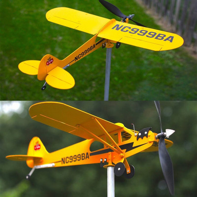 Метален самолет Weathervane 3D Piper J3 Cub Wind Spinner Plane Външен покрив Индикатор за посоката на вятъра Вятърна мелница Home Garden Decor