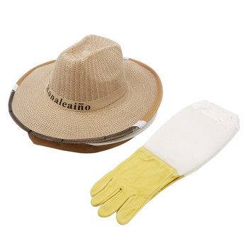 Комплект защитно облекло за пчеларство 1 чифт кожени ръкавици и 1 бр каубойска шапка против пчели/ужилвания Дишащ пчеларски инструмент за пчеларство