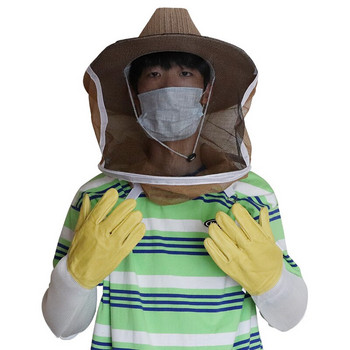 Комплект защитно облекло за пчеларство 1 чифт кожени ръкавици и 1 бр каубойска шапка против пчели/ужилвания Дишащ пчеларски инструмент за пчеларство