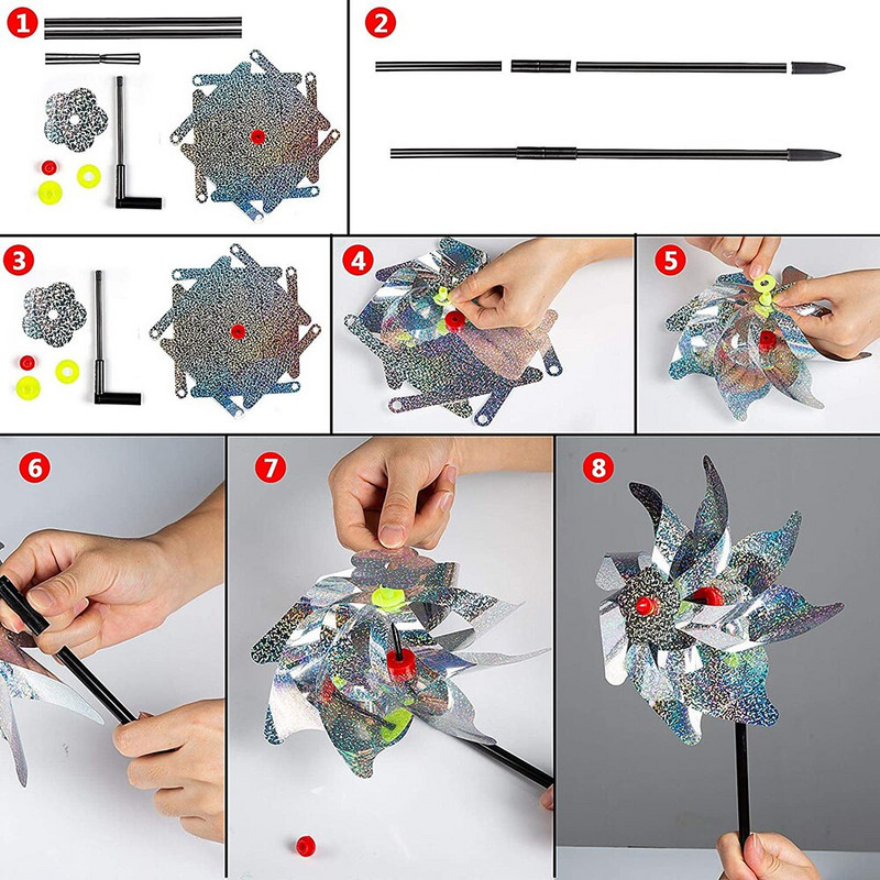 5 vnt. paukščiams atsparus vėjo malūnėlis PVC repelentas paukščiams, besisukantiems kaliausėms Atspindinčios medžiagos Sodo apdailai baidyti paukščius
