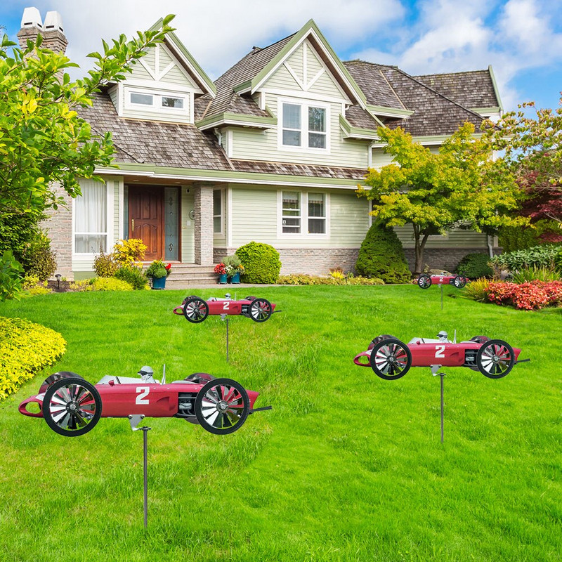 Záhradný pretekársky veterný mlyn, kovový veterný mlyn, 3D veterníky, pretekárske auto, dvor pre vonkajšie nádvorie, záhradu, terasu, sochy, dekorácie