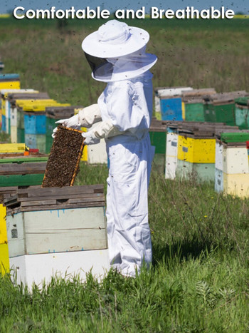 Λευκή σχισμένη μελισσοκομική ενδυμασία Επαγγελματική μελισσοκομική στολή προστασίας μελισσών με γάντια και εργαλείο κυψέλης μέλισσας Μελισσοκομία Ειλικρινής
