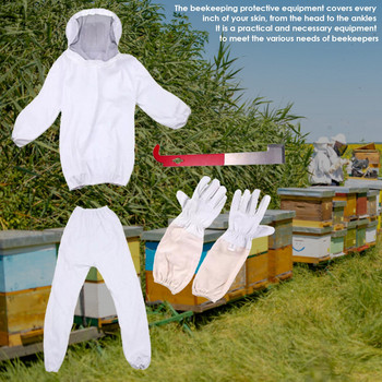 Λευκή σχισμένη μελισσοκομική ενδυμασία Επαγγελματική μελισσοκομική στολή προστασίας μελισσών με γάντια και εργαλείο μελισσοκομίας αξεσουάρ μελισσοκομίας