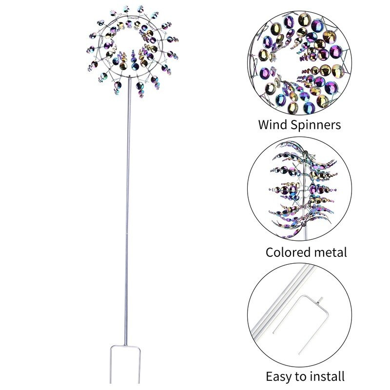 Magický farebný kovový veterný mlyn, jedinečný vonkajší veterný mlyn, otáčajúce sa lapače vetra, nádvorie, terasa, trávnik, záhrada, dekorácia, vonkajšia