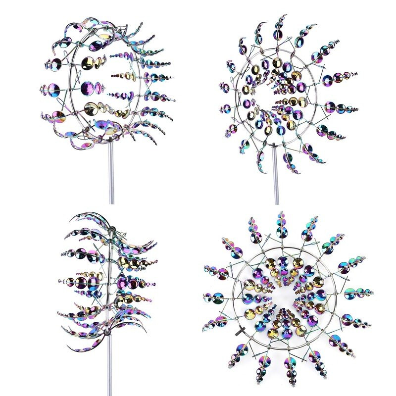 Magický farebný kovový veterný mlyn, jedinečný vonkajší veterný mlyn, otáčajúce sa lapače vetra, nádvorie, terasa, trávnik, záhrada, dekorácia, vonkajšia