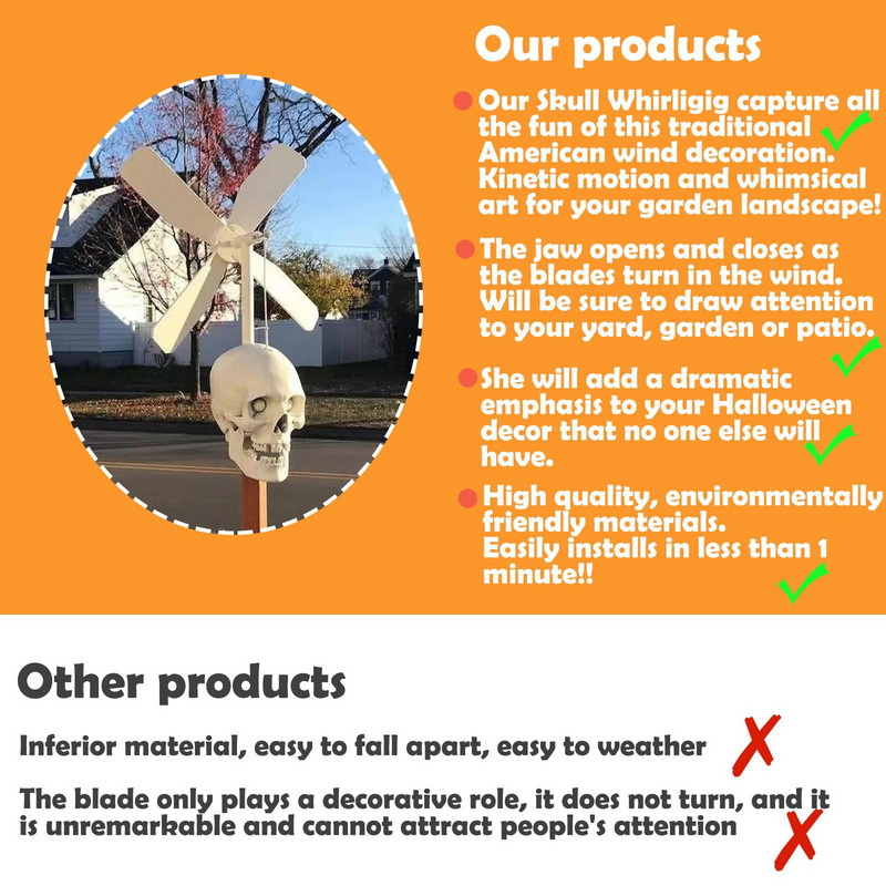 Helovino kaukolės sūkurys vėjo suktukas lauko sodo skeleto galvos vėjo malūno suktukas Helovino kiemo kaukolės papuošalas namų dekoras