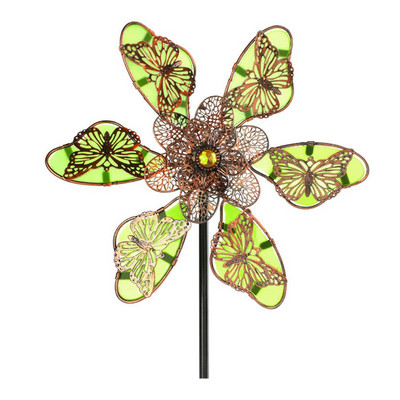 Metalinis kiemo vėjo suktukas Daugiaspalvis apšvietimas drugelio formos vėjo malūnas su stovinčiu stulpu, skirtas lauko kiemo kiemo vejai dekoruoti