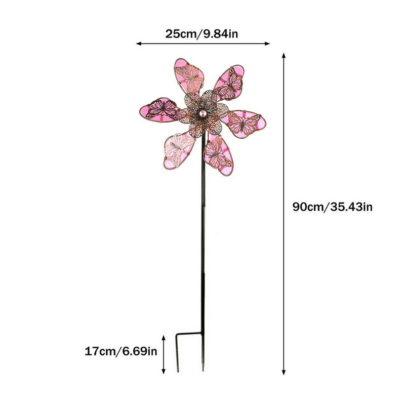 Metalinis kiemo vėjo suktukas Daugiaspalvis apšvietimas drugelio formos vėjo malūnas su stovinčiu stulpu, skirtas lauko kiemo kiemo vejai dekoruoti