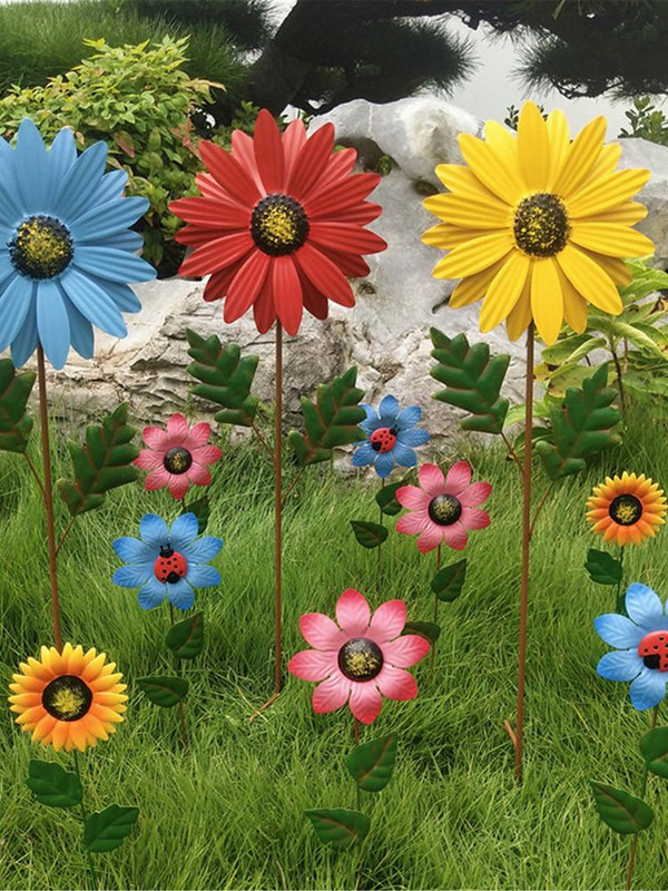 Kovové záhradné kolíky so slnečnicami, slnečnicové dekorácie na dvore, jesenné dekorácie, vonkajšie dekorácie, vnútorné, vonkajšie, trávnik, terasa, dekorácie do záhrady