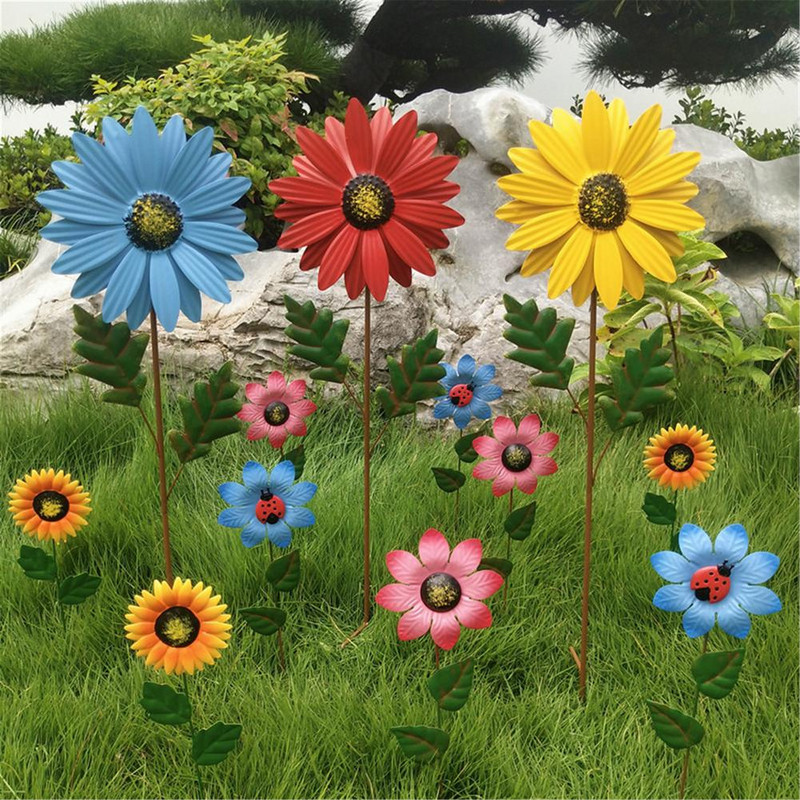 Kovové záhradné kolíky so slnečnicami, slnečnicové dekorácie na dvore, jesenné dekorácie, vonkajšie dekorácie, vnútorné, vonkajšie, trávnik, terasa, dekorácie do záhrady