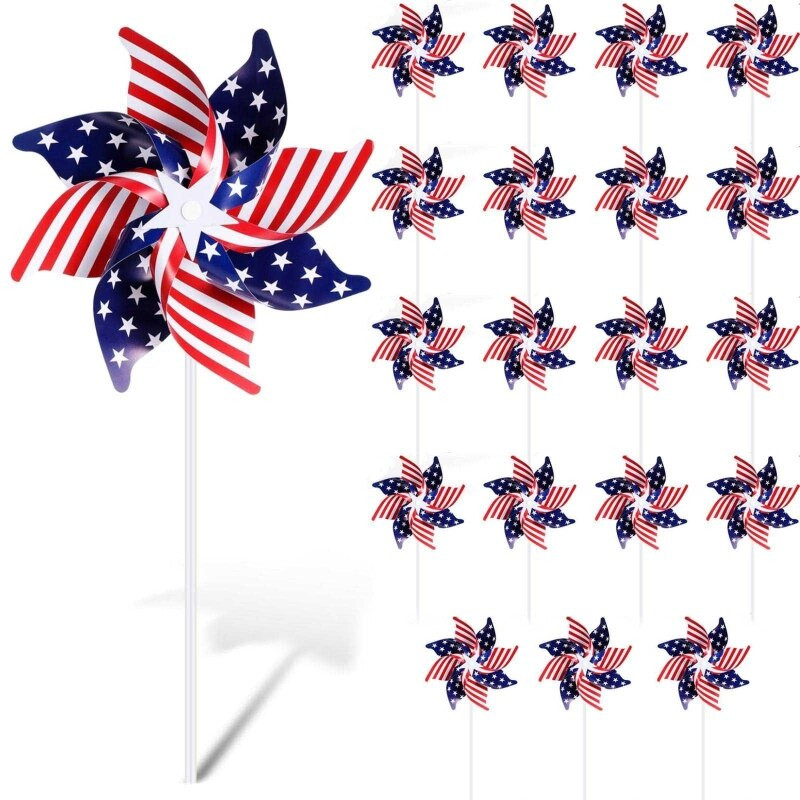 Vodotesné pruhované veterníky, 20 kusov/sada, dekorácie na Deň nezávislosti, dizajn amerických vlajok, záhradná ozdoba s veterným mlynom