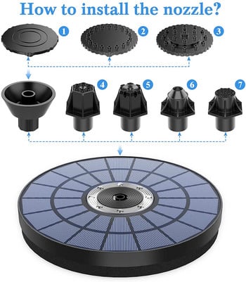 AISITIN Solar Fountain 5,5W με έγχρωμο φως LED και μπαταρία 2000mAh, 7 ακροφύσια Solar Bird Bath Fountain, για εξωτερικούς χώρους, κήπο