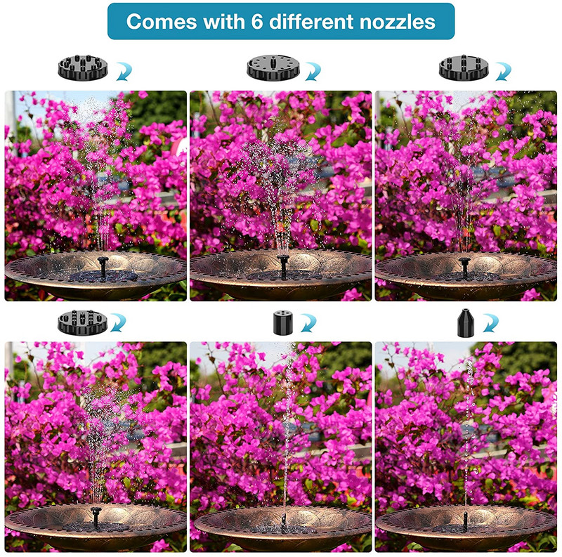 AISITIN 1,5 W saulės fontano siurblys, su 6 purkštukais saulės paukščių vonios fontanas, vandens siurblys plūduriuojantis fontanas, tinkamas tvenkiniams