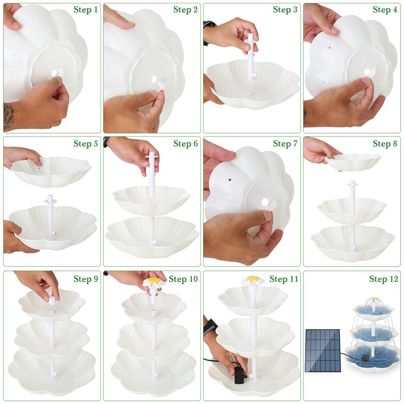 AISITIN 3 pakopų paukščių vonia su 2,5 W saulės siurbliu, „pasidaryk pats“ saulės fontanu nuimamas ir tinkamas paukščių voniai, sodo dekoravimui