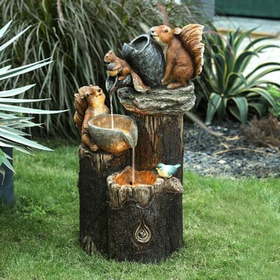 Garden Statues Duck Squirrel Water Fountain Resin Ornaments for Indoor Outdoor Gardens Trees Flowers Flower Beds Yard Decor