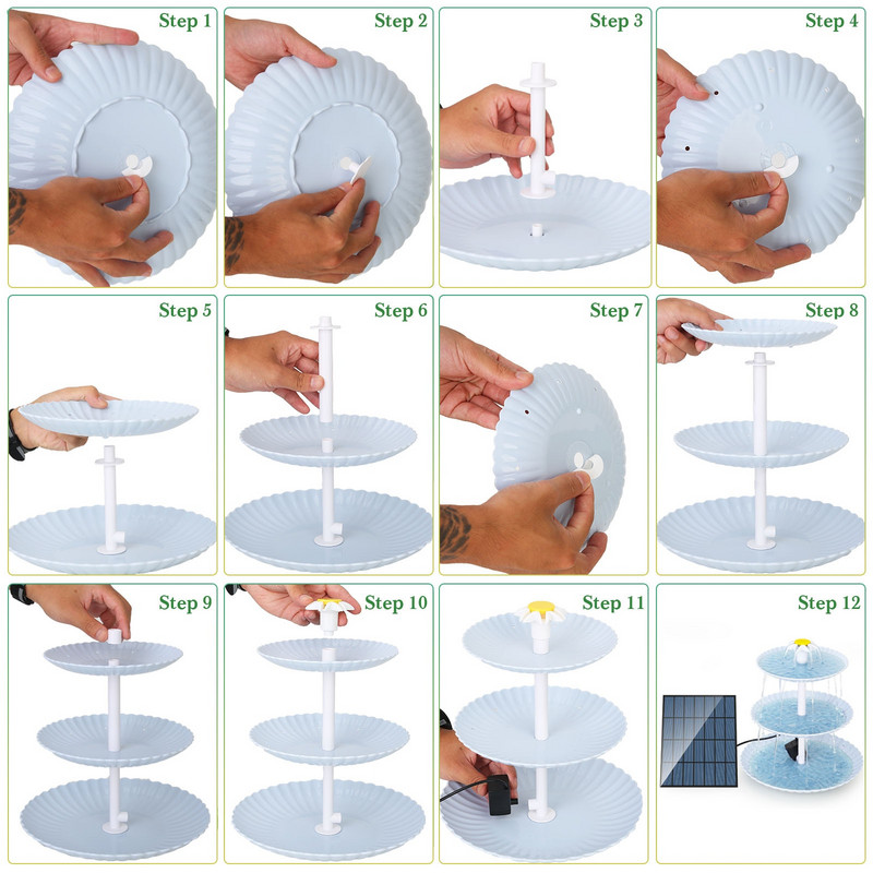 AISITIN 3 pakopų paukščių vonia su 2,5 W saulės siurbliu, „pasidaryk pats“ saulės fontanu nuimamas ir tinkamas paukščių voniai, sodo dekoravimui