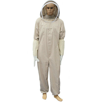 Unisex βαμβακερή μελισσοκομική στολή μελισσοκομική στολή + μελισσοκομικά προστατευτικά γάντια από δέρμα κατσίκας Γκρι+λευκά ενδύματα ασφαλείας