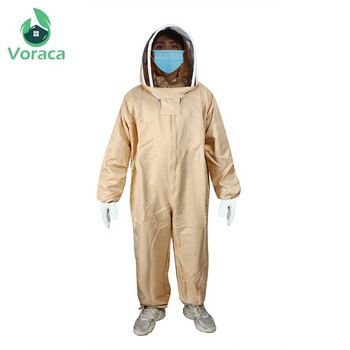 Професионален вентилиран пчеларски костюм за цялото тяло с кожени ръкавици Унисекс дизайн Облекло за сиамски пчели Бежово палто против пчели