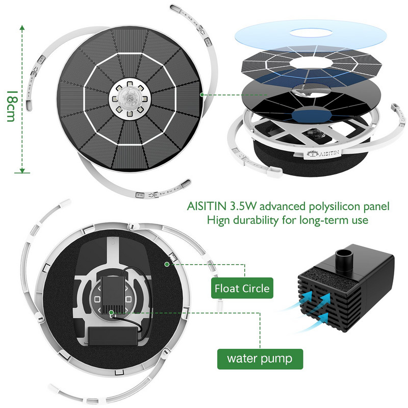 AISITIN 3,5W LED solárna fontána pre vtáčiu misku, solárne vodné fontány s batériou 3000 mAh, 6 tryskami, solárne čerpadlo fontány