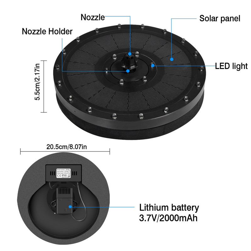 Vonkajšia záhradná solárna fontána s vodným čerpadlom, vstavaná batéria so 7 typmi vody, LED farebné svetlo, dekorácia bazéna a jazierka