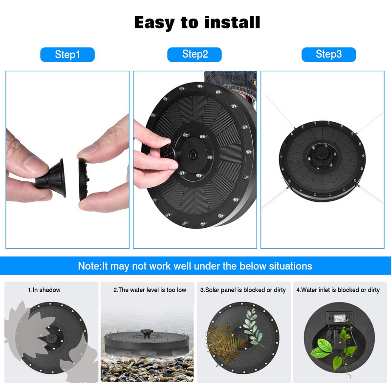 Vonkajšia záhradná solárna fontána s vodným čerpadlom, vstavaná batéria so 7 typmi vody, LED farebné svetlo, dekorácia bazéna a jazierka