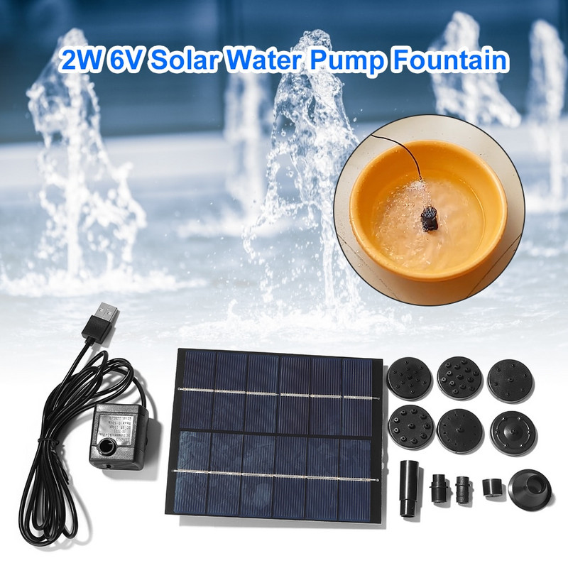 2W 6V solárna fontána, záhradná vodopádová fontána, bazén, jazierko, vtáčia kúpeľ, solárny panel, fontána, vodné čerpadlo, záhradná dekorácia