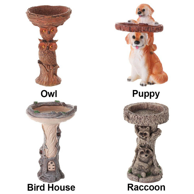 Roztomilá podstavcová fontána, malá mývalová záhradná dekorácia, 9-palcová miska na vtáčí kúpeľ, kŕmidlá pre vtáky, živica