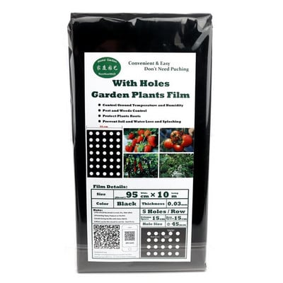 Čierna fólia na záhradnú zeleninu, poľnohospodárske rastliny, plastová fólia, perforovaná PE fólia (95 cm * 10 m, 5 otvorov 0,03 mm)