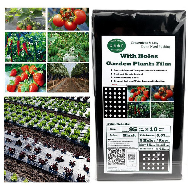 Čierna fólia na záhradnú zeleninu, poľnohospodárske rastliny, plastová fólia, perforovaná PE fólia (95 cm * 10 m, 5 otvorov 0,03 mm)