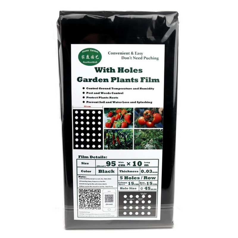 Čierna fólia na záhradnú zeleninu, poľnohospodárske rastliny, plastová fólia, perforovaná PE fólia (95 cm * 10 m, 5 otvorov 0,03 mm)