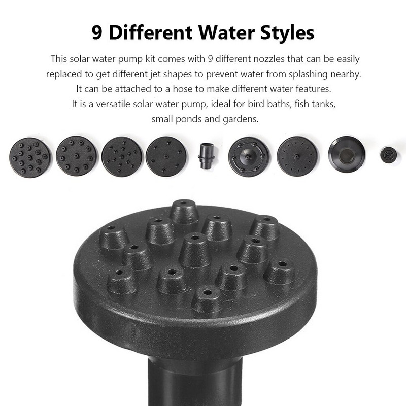 Sada solárnych fontánových čerpadiel s 9 tryskami, solárne vodné čerpadlá, solárny vodný zavlažovač pre záhradný vtáčí kúpeľ, akvárium, bazén