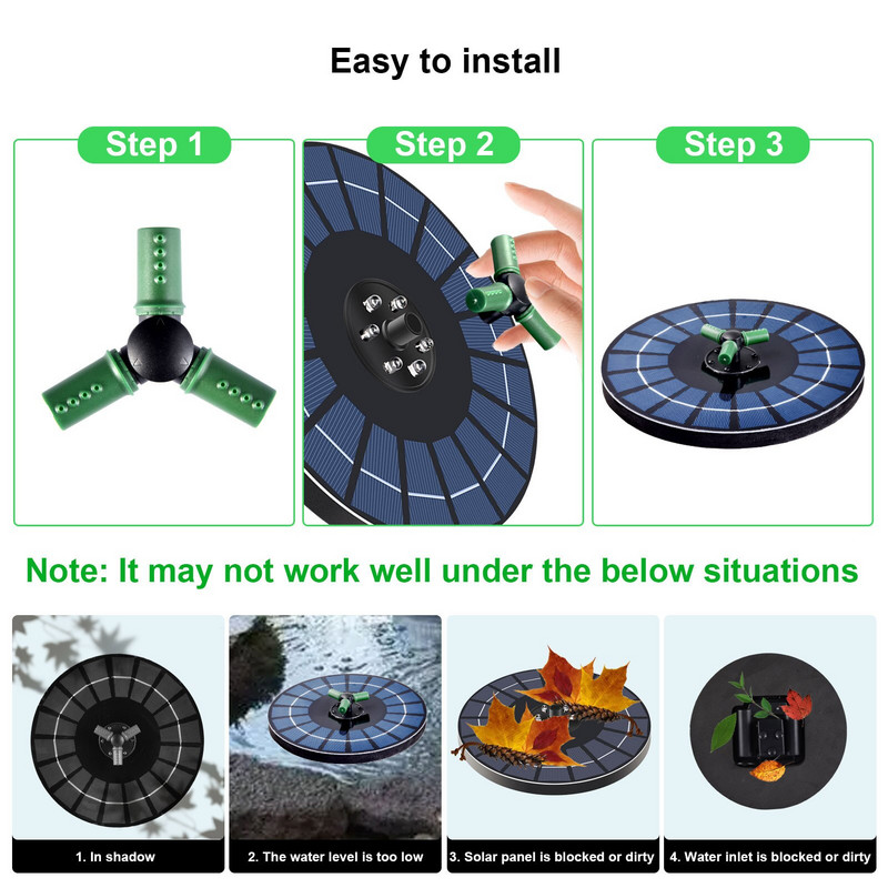 Saulės vandens fontanas 3,5 W saulės fontano siurblys lauko saulės paukščių vonios fontano siurblys su besisukančiu antgaliu sodo tvenkinio baseinui