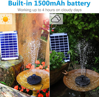 5,5 W соларен фонтан с 6 разпръскващи глави, вградена 1500 mAh батерия, свободно стоящ плаващ слънчев фонтан за градина, езерце, открито