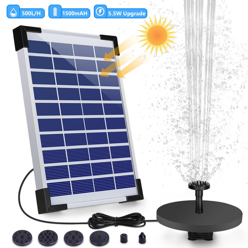 5,5 W saulės energijos fontanas su 6 įmontuotomis purškimo galvutėmis su 1500 mAh baterija laisvai stovintis plaukiojantis saulės fontanas, skirtas sodui, tvenkiniui, lauke