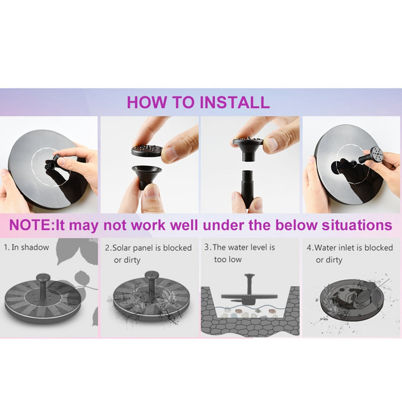 7V/1,4W okrúhla solárna fontána, vonkajšia záhrada, bazén, jazierko, vodné čerpadlo, vodopád, dekorácia, fontány a vtáčie kúpele