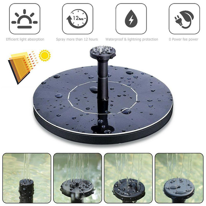 Nové solárne čerpadlo na vodnú fontánu, solárna fontána, vtáčia fontána, vodná plávajúca fontána, jazierko, záhradná terasa, dekorácia trávnika