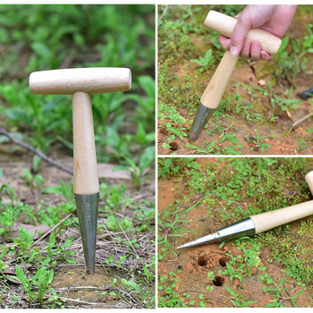Издръжлив градински дибер с дървена дръжка, хромирана глава от неръждаема стомана, здрав ръчен градински инструмент за сеене на семена