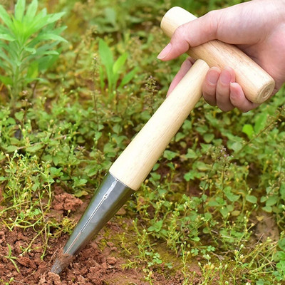 Tartós kerti dörzsölő fa fogantyúval, króm bevonatú rozsdamentes acél fej könnyű, erős kézi magvető kerti szerszám