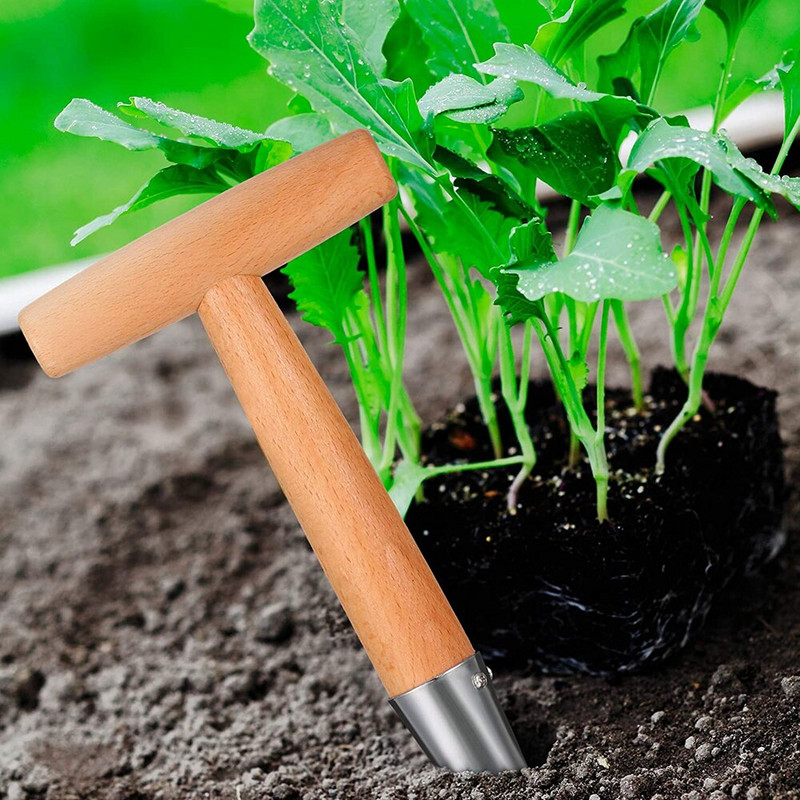 Patvarus sodo žandikaulis su medine rankena, chromu dengta nerūdijančio plieno galvutė, lengva, tvirta rankinė sėklų sėjimo sodo įrankis