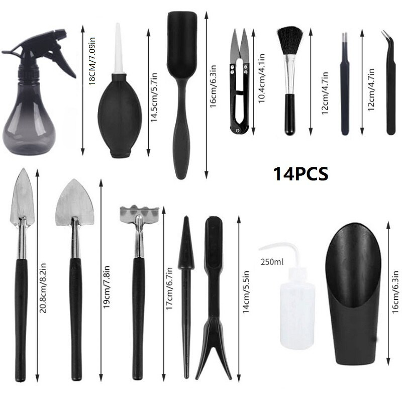 14/15 vnt Mini sodo rankinių įrankių rinkinys Sodo sodintuvų rinkinys Sultingi augalai Slyvų kambariniai bonsai Miniatiūriniai persodinimo sodinukų įrankiai