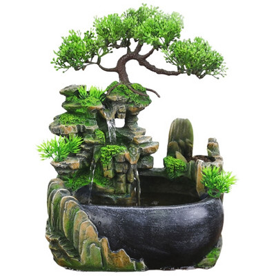 Creative Indoor Simulation Resin Rockery Waterfall Statue Feng Shui Water Fountain Home Garden Crafts-US Plug