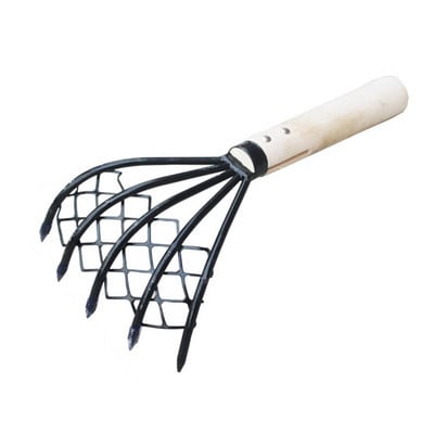 Moliuskų grėblys su tinkleliu 5 nagų medžio rankena, grėblio lukšto kasimo įrankis, jūros gėrybių kasimo priedai, ravėjimo įrankis, medžio rankena, šakutė