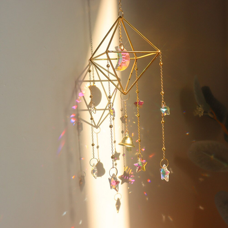 Krištolinis vėjo varpelis Žvaigždė Mėnulis Saulės gaudyklės prizmės pakabukas sapnų gaudyklė sietynas kabantis lašai lauko vidaus sodo varpeliai