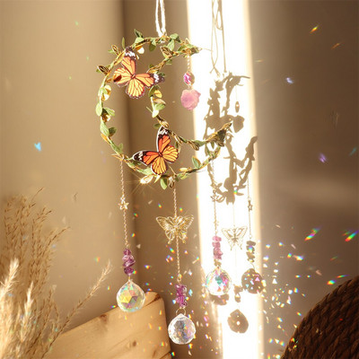 Kristalai vėjo varpeliai Žvaigždė mėnulis drugelis kabantis ornamentas saulės gaudyklė deimantinė prizmė vaivorykštės gaminimo pakabukas namų sodo dekoras