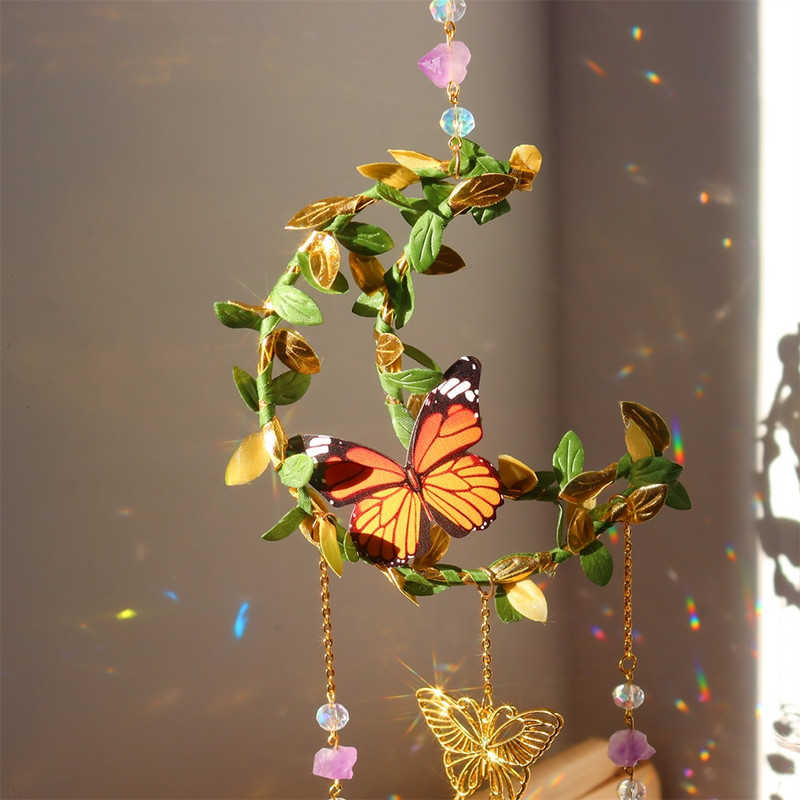 Kristalai vėjo varpeliai Žvaigždė mėnulis drugelis kabantis ornamentas saulės gaudyklė deimantinė prizmė vaivorykštės gaminimo pakabukas namų sodo dekoras