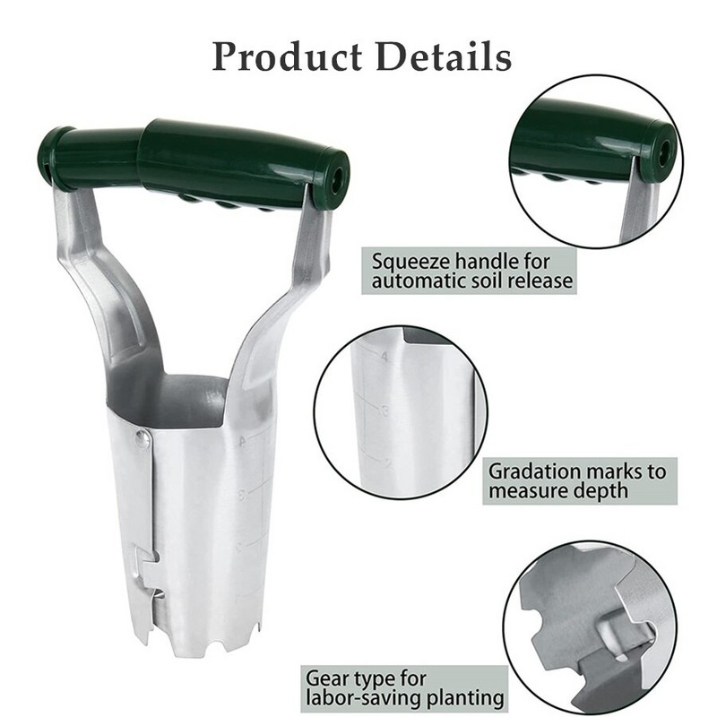 Sodo rankinis svogūnėlių sodinimo įrankis su gylio žyma Automatinis persodinamasis dirvožemio sodinimo įrankis, skirtas kasti skylės užpildymo sėklą